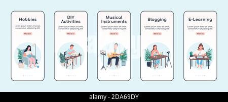 Learn creative hobby onboarding mobile app screen flat vector template Stock Vector