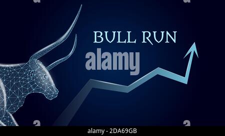 Bull run with a polygonal bull head and an upward arrow on dark blue background. Bullish trend on the stock exchange. Vector illustration. Stock Vector