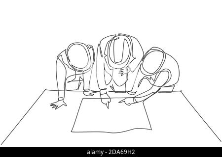 One single line drawing of young architects and manager meeting at construction site to discuss draft blueprint design. Building architecture business Stock Vector