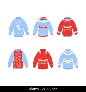 Traditional ugly Christmas sweater set vector illustration isolated on white background. Stock Vector