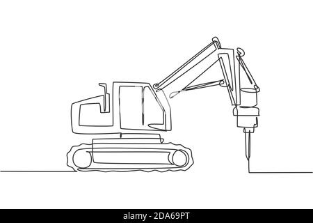 One single line drawing of truck driller for soil earth drilling vector illustration, commercial vehicle. Heavy digger machine construction concept Stock Vector