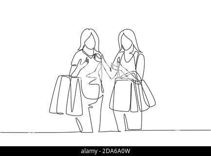 One continuous line drawing two young happy women friend holding paper bags while shopping together. Shopping clothing, dress, fashion, makeup in mall Stock Vector