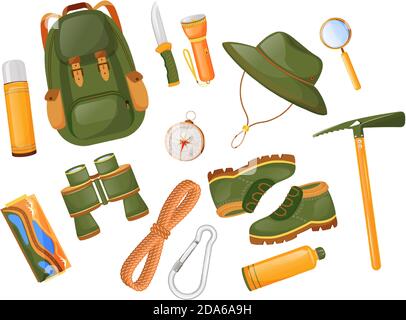 Mountaineering equipment flat color vector objects set Stock Vector