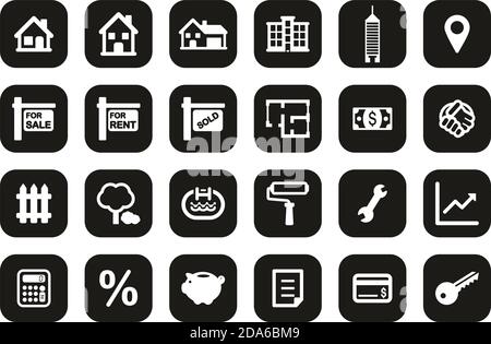 Real Estate Market Icons White On Black Flat Design Set Big Stock Vector