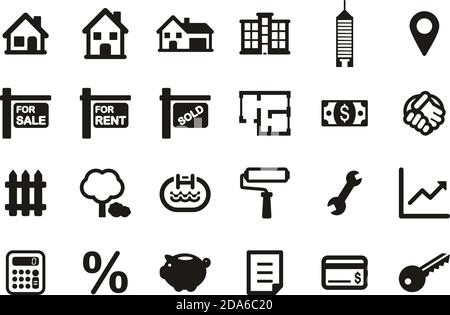 Real Estate Market Icons Black & White Set Big Stock Vector