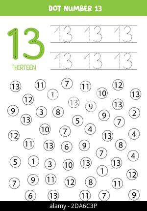 Find and dot number 13. Math game for kids. Stock Vector