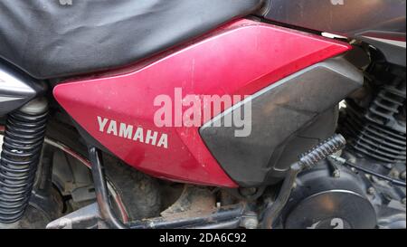 02 November 2020 : Reengus, Jaipur, India / Side panel of Yamaha motorcycle. Stock Photo