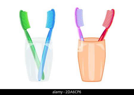 Set of toothbrushes in a glass isolated on white background. Hygiene and teeth care. Mug with several colorful toothbrush. Stock vector illustration Stock Vector