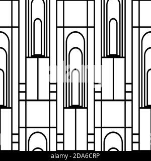 Vector art deco architectural vertical geometric grid design with tall arches, squares, rectangles. Black and white seamless pattern background Stock Vector