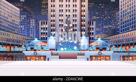 central city square with decorated christmas tree happy new year winter holidays celebration concept night cityscape background horizontal vector illustration