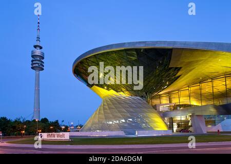 geography / travel, Germany, Bavaria, Munich, Olympic Tower and BMW world for the blue hour, Munich, E, Additional-Rights-Clearance-Info-Not-Available Stock Photo