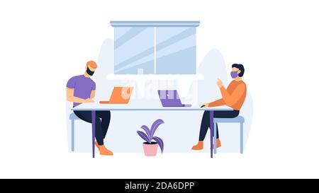 Men in masks work using laptops in the office. Office work Illustration Stock Vector