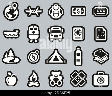 Refugees & Migrants Icons White On Black Sticker Set Big Stock Vector