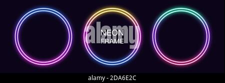 Gradient neon circle Frame. Vector set of round neon Border with double outline. Geometric shape with copy space, futuristic graphic element for socia Stock Vector