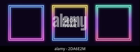 Gradient neon square Frame. Vector set of quadrate neon Border with double outline. Geometric shape with copy space, futuristic graphic element for so Stock Vector
