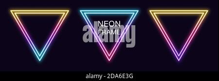 Gradient neon triangle Frame. Vector set of triangular neon Border with double outline. Geometric shape with copy space, futuristic graphic element fo Stock Vector