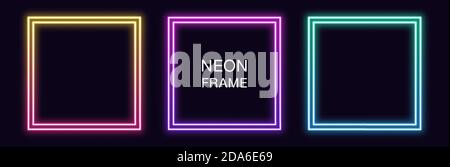 Gradient neon square Frame. Vector set of quadrate neon Border with double outline. Geometric shape with copy space, futuristic graphic element for so Stock Vector