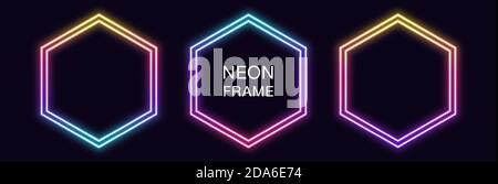 Gradient neon hexagon Frame. Vector set of hexagonal neon Border with double outline. Geometric shape with copy space, futuristic graphic element for Stock Vector