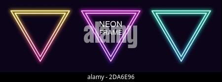 Gradient neon triangle Frame. Vector set of triangular neon Border with double outline. Geometric shape with copy space, futuristic graphic element fo Stock Vector