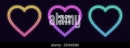 Gradient neon heart Frame. Vector set of romantic neon Border with double outline. Heart shape with copy space, graphic element for Valentine day and Stock Vector
