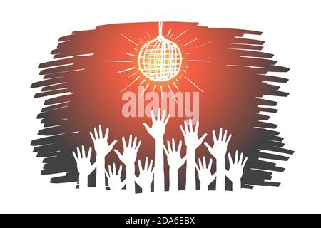 Hand drawn raised hands under disco ball in club Stock Vector