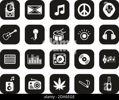 Reggae Music & Culture Icons White On Black Flat Design Set Big Stock Vector