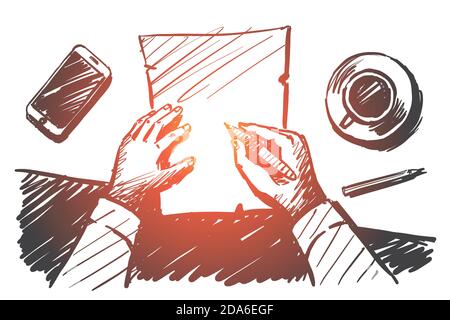 Hand drawn businessman hands making notes on paper Stock Vector