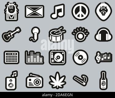 Reggae Music & Culture Icons White On Black Sticker Set Big Stock Vector