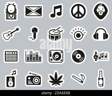 Reggae Music & Culture Icons Black & White Sticker Set Big Stock Vector
