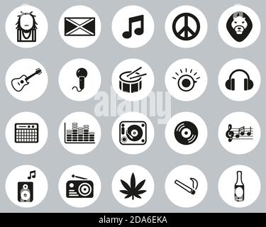 Reggae Music & Culture Icons Black & White Flat Design Circle Set Big Stock Vector