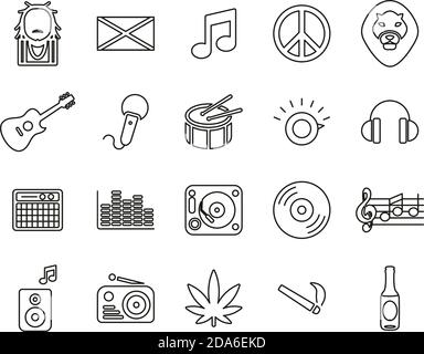 Reggae Music & Culture Icons Black & White Thin Line Set Big Stock Vector