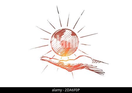 Hand drawn globe on palm vector concept Stock Vector