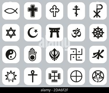 Religion Symbols Icons Black & White Flat Design Set Big Stock Vector