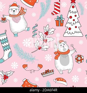 Seamless pattern vector Merry Christmas elements and bear Stock Vector