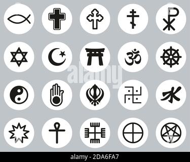 Religion Symbols Icons Black & White Flat Design Circle Set Big Stock Vector