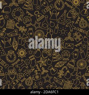 Christmas seamless background. Vector illustration for Merry Christmas and Happy New Year wrapping paper, textile design. Black, gold colors, Doodle Stock Vector