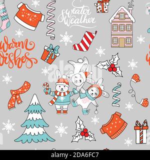 Seamless pattern vector Christmas cute rabbits and elements Stock Vector