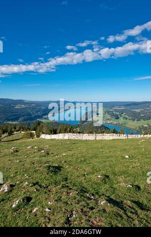 Switzerland, Vaud, Waadt, Vallée de Joux, Parc Jura vaudois, panorama, Lac de Joux, Lac Brenet, Lac Ter, lake, depuis la Dent de Vaulion, vom Dent de Stock Photo