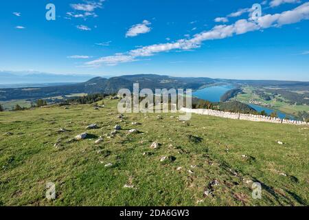 Switzerland, Vaud, Waadt, Vallée de Joux, Parc Jura vaudois, panorama, Lac de Joux, Lac Brenet, Lac Ter, lake, depuis la Dent de Vaulion, vom Dent de Stock Photo