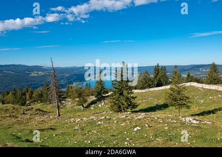 Switzerland, Vaud, Waadt, Vallée de Joux, Parc Jura vaudois, panorama, Lac de Joux, See, lake, depuis la Dent de Vaulion, vom Dent de Vaulion, from th Stock Photo