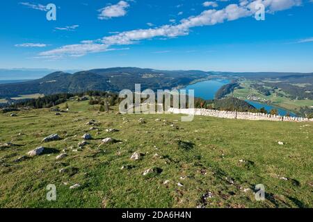 Switzerland, Vaud, Waadt, Vallée de Joux, Parc Jura vaudois, panorama, Lac de Joux, Lac Brenet, Lac Ter, lake, depuis la Dent de Vaulion, vom Dent de Stock Photo