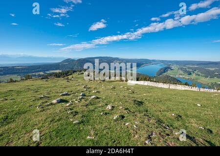 Switzerland, Vaud, Waadt, Vallée de Joux, Parc Jura vaudois, panorama, Lac de Joux, Lac Brenet, Lac Ter, lake, depuis la Dent de Vaulion, vom Dent de Stock Photo