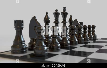 A completed chess game setup on a table with opposing chairs in a dark room  backlit by a bright window light - 3D render Stock Photo - Alamy