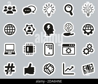 Research & Development Process Icons Black & White Sticker Set Big Stock Vector
