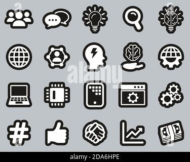 Research & Development Process Icons White On Black Sticker Set Big Stock Vector
