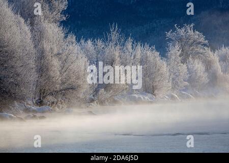 geography / travel, Germany, Bavaria, Grossweil, fog across the Loisach, Grossweil, Upper Bavaria, Additional-Rights-Clearance-Info-Not-Available Stock Photo