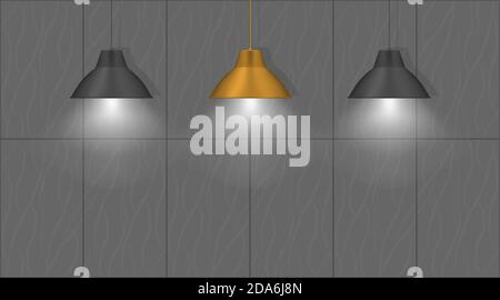 Three hanging pendant lamps near the wall. Elegant vintage interior lights. Black and gold bronze colors. Realistic vector illustration Stock Vector
