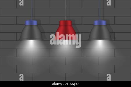 Three hanging pendant lamps near the wall. Modern interior lights. Chandeliers with metal lampshades. Gray, blue, red colors. Realistic vector Stock Vector