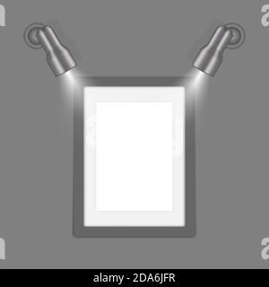 Two wall spot lights with empty modern photo frame. Realistic vector illustration Stock Vector