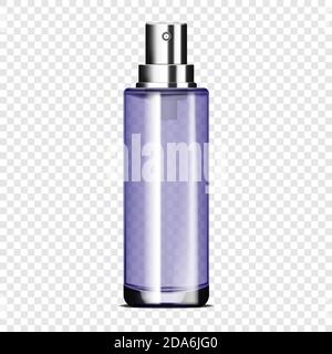 Clear glass spray bottle on transparent background, vector mockup. Cosmetic product packaging, template for design Stock Vector